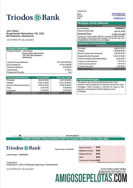 realista Modelo Word e PDF de extrato de hipoteca do Banco Triodos da Holanda